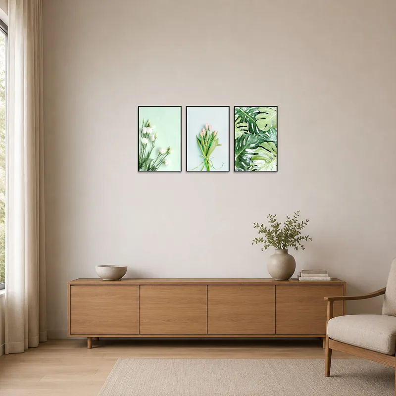 Elegant botanical artwork enhances a minimalist room vibe.
