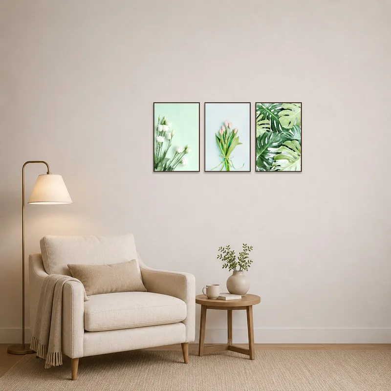 Botanical art piece adds charm to a cozy reading corner.