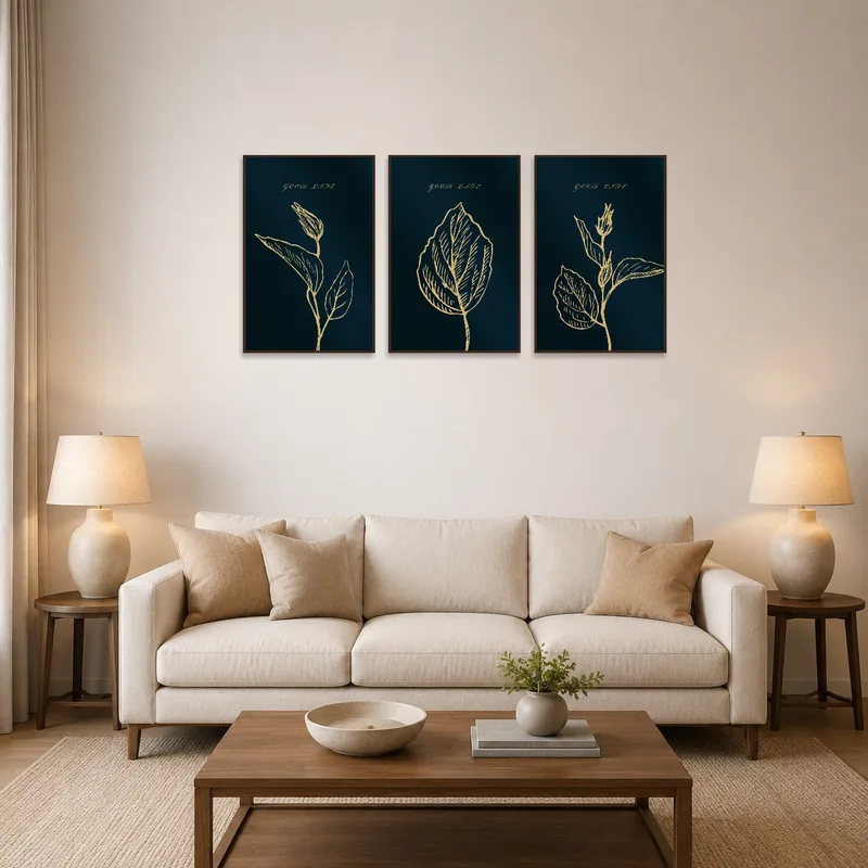 Triptych of botanical art with gold accents hung on a living room wall above a comfortable sofa.