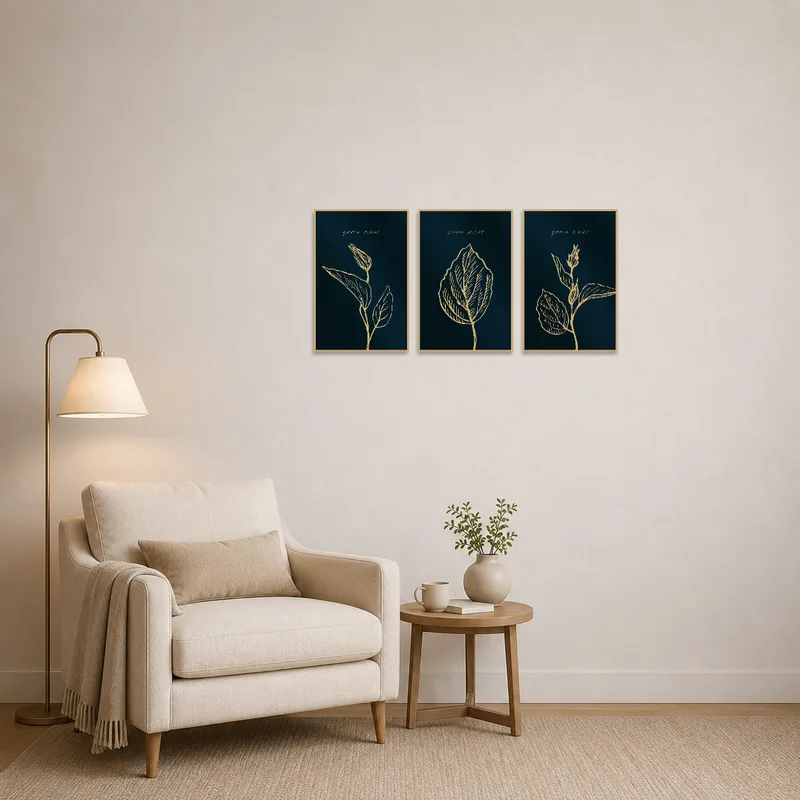 Botanical triptych with gold accents enhancing a cozy reading corner ambiance.