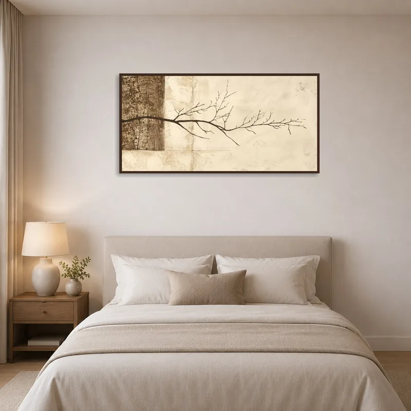 Elegant canvas depicting a branch silhouette above a luxurious bedroom ensemble.
