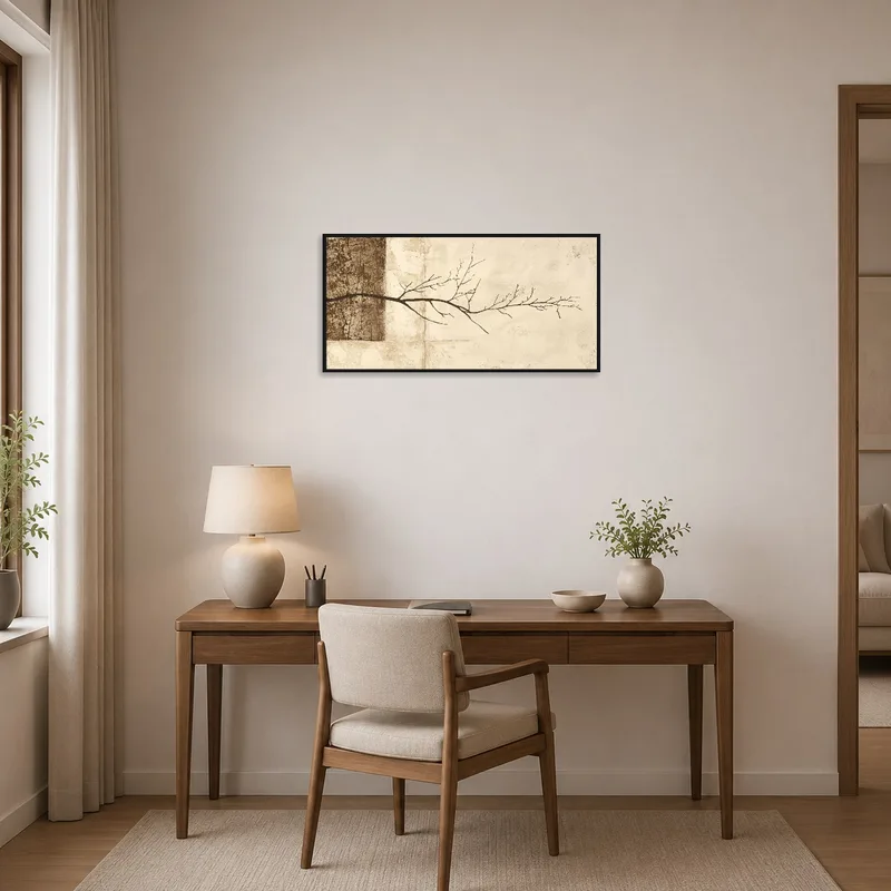 Sophisticated branch silhouette adds character to a productive home office space.