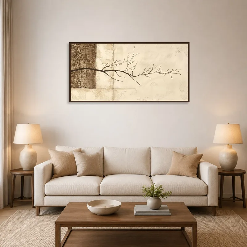 Elegant branch silhouette hanging in a cozy living room above a modern sofa.