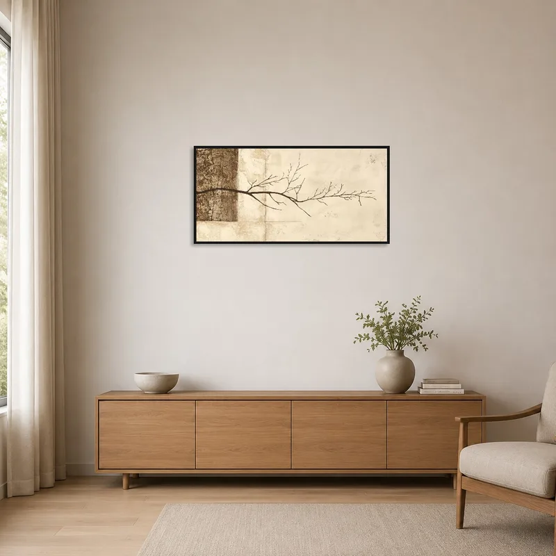Simple room with a branch silhouette on a crisp canvas against a neutral wall.