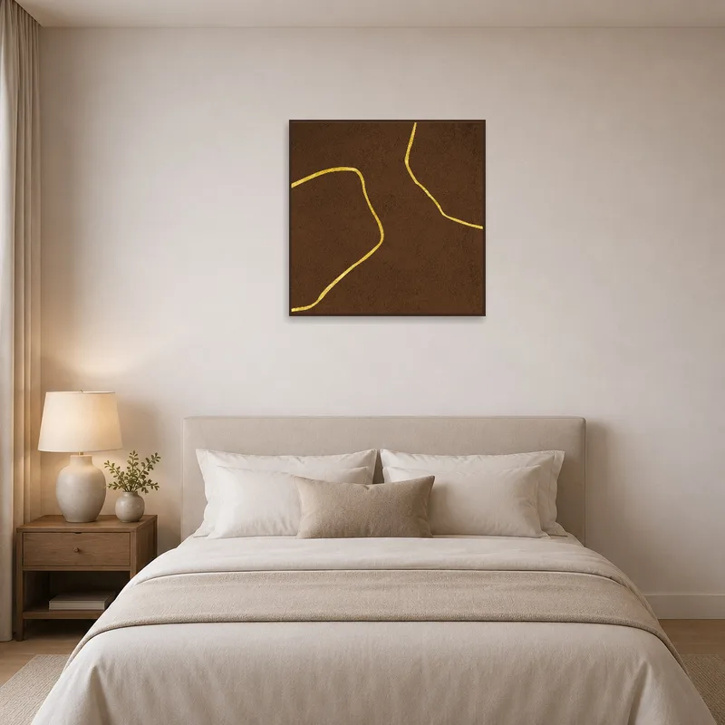 Brown and gold abstract line print serves as a calming bedroom focal point.