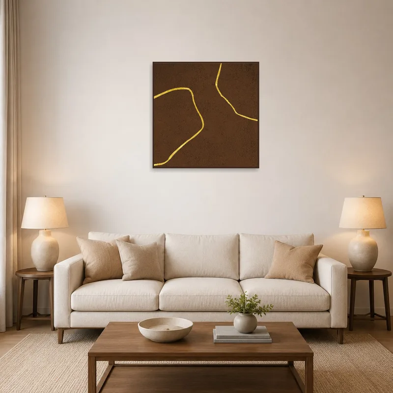 Elegant brown and gold abstract line print hangs above a modern living room sofa.
