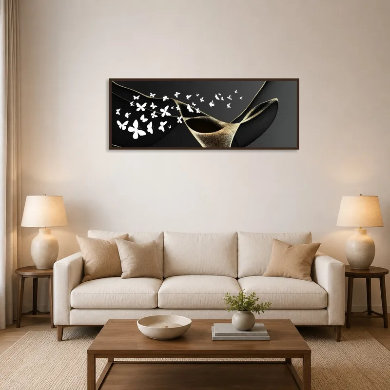 Elegant Butterfly Abstract art gracing a living room wall with contemporary furniture
