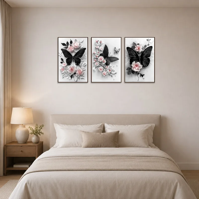 Elegant butterfly and floral series adds serenity to the bedroom wall.