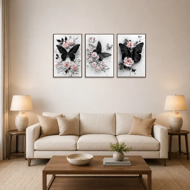 Butterfly and floral triptych series displayed above a modern living room sofa.