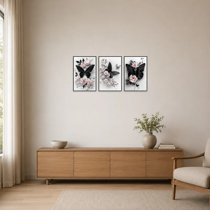 Triptych with elegant butterflies and florals against minimalist decor.