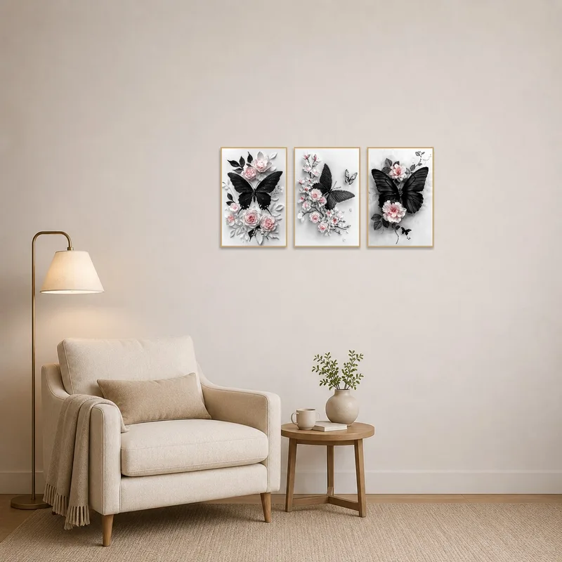 Butterfly and floral triptych creates a cozy atmosphere in reading corner.