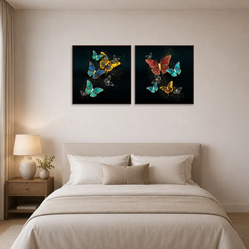 Calming butterfly art set in teal and gold enhances bedroom ambiance.
