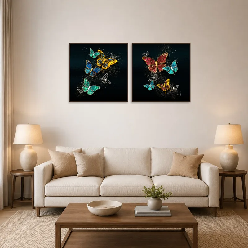 Butterfly art set in teal and gold adds elegance to the living room wall.