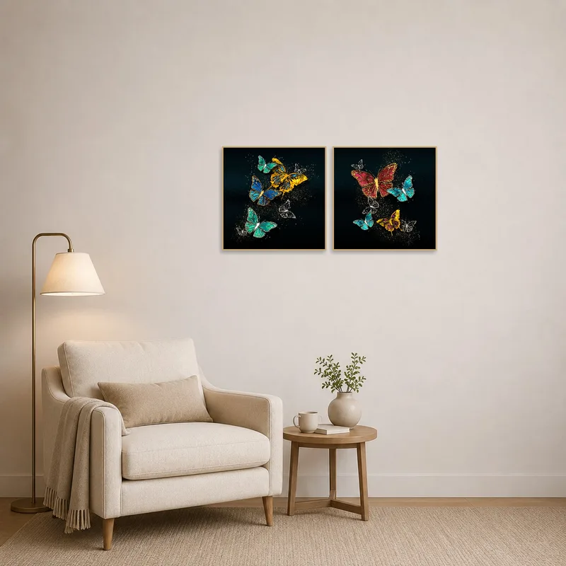 Elegant butterfly bliss art brightens up the cozy reading corner.