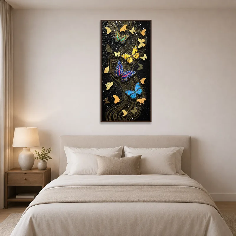Elegant butterfly piece with black and gold tones accentuating a serene bedroom.