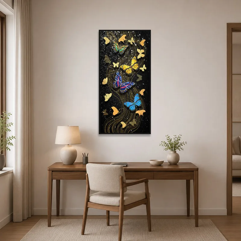 Black and gold butterfly artwork enhancing the sophistication of a home office.