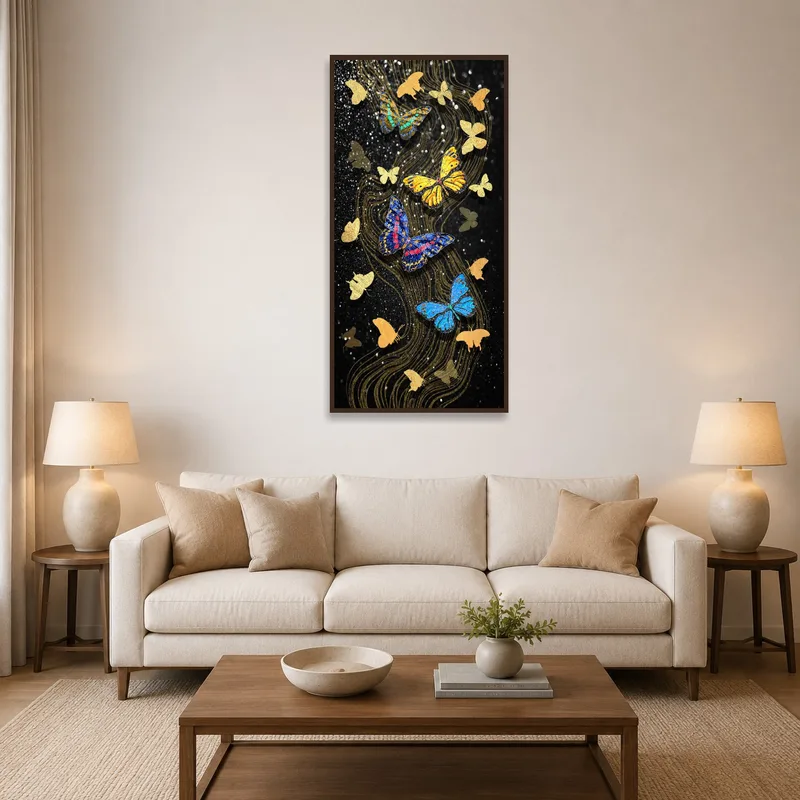 Elegant butterfly artwork with black and gold hues over a living room sofa.