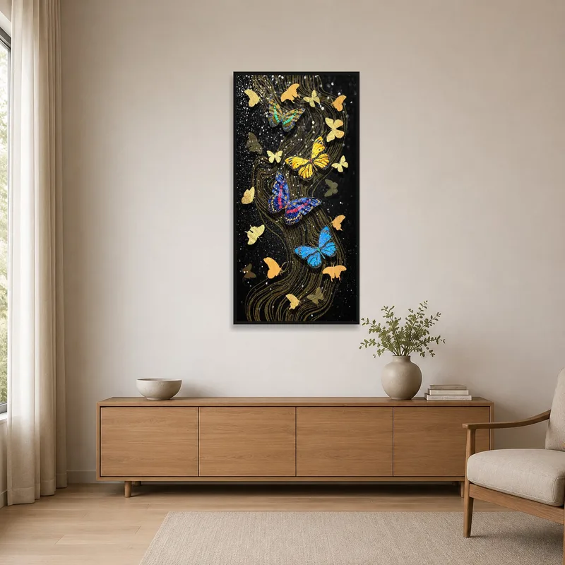Black and gold butterfly design on a stark white wall in a minimalist setting.