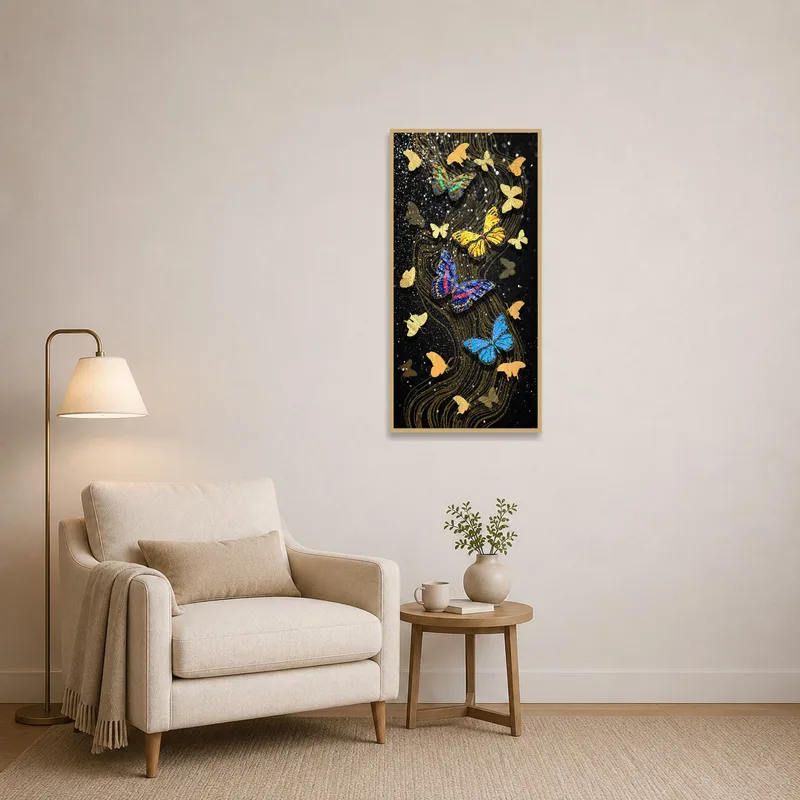 Butterfly composition in black and gold adorning a reading corner wall near bookshelves.