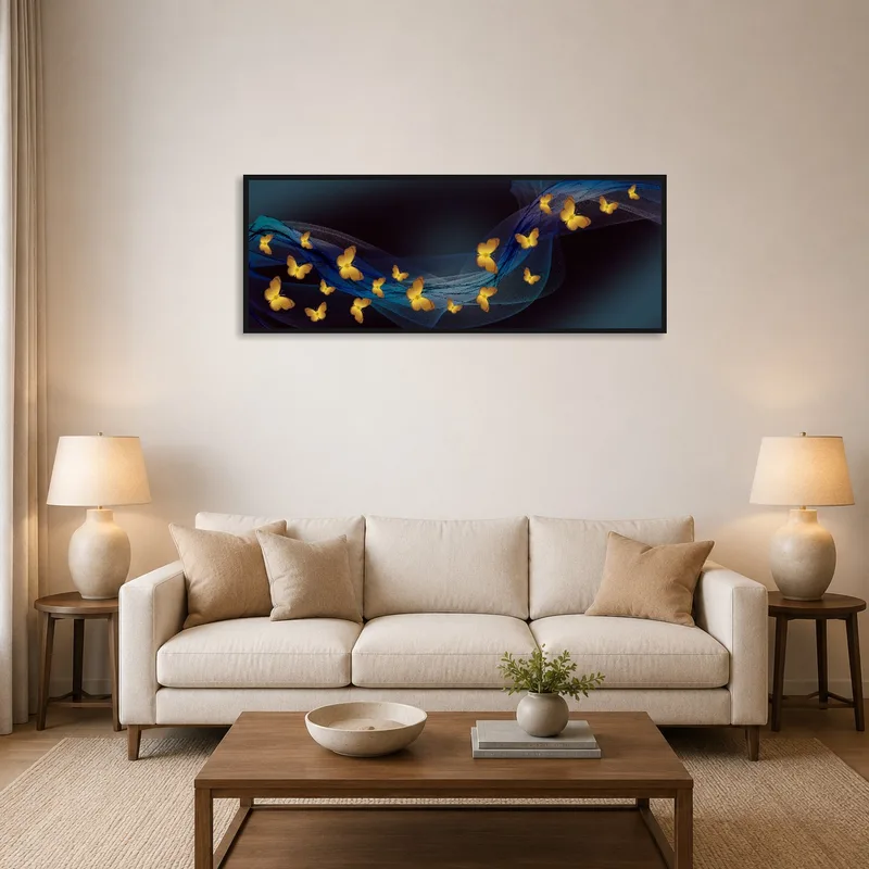 A vivid butterfly art piece enhances the cozy aura of the living room.