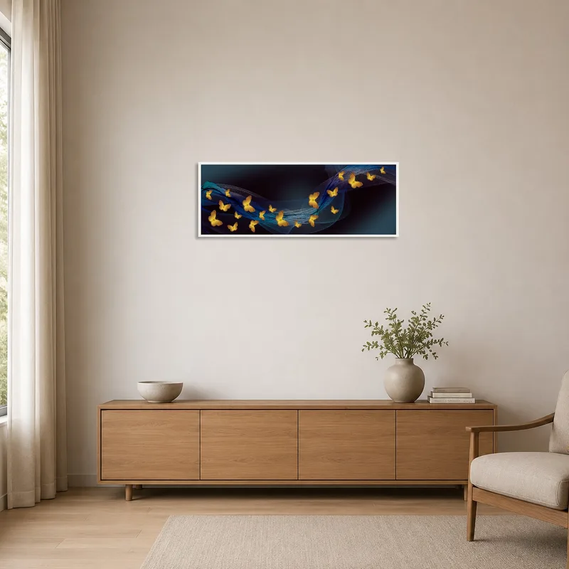 An exquisite butterfly print adds a touch of whimsy to the minimalist room.