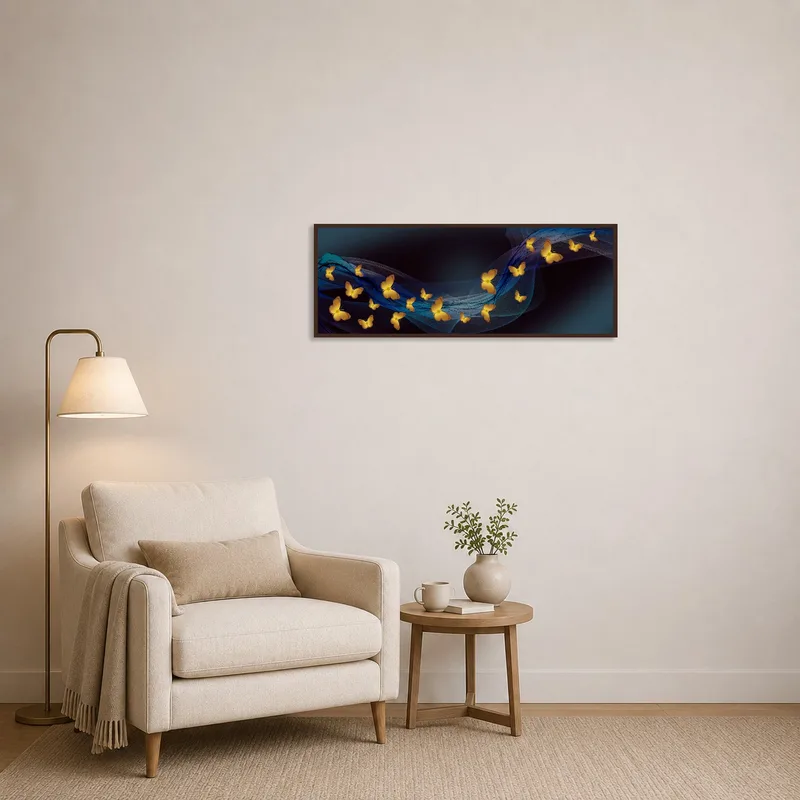 Butterfly-themed art brings serene elegance to the reading corner.