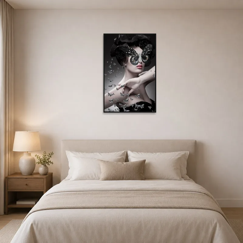 Elegant Butterfly Masquerade art piece adding grace to a bedroom decor.