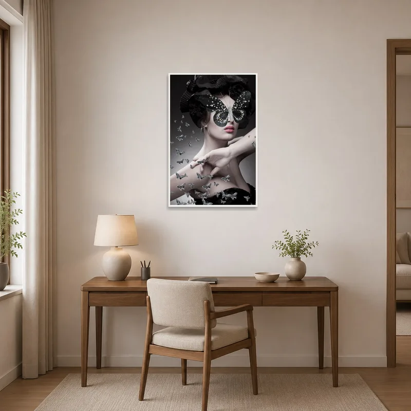 Elegant Butterfly Masquerade art piece creating elegance in a home office.