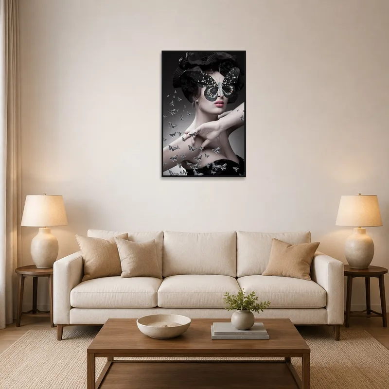 Elegant Butterfly Masquerade art piece in a cozy living room setting.