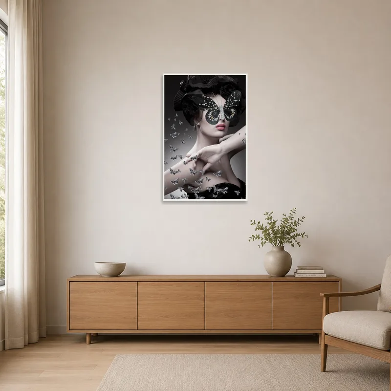 Elegant Butterfly Masquerade art piece in a minimalist style room.