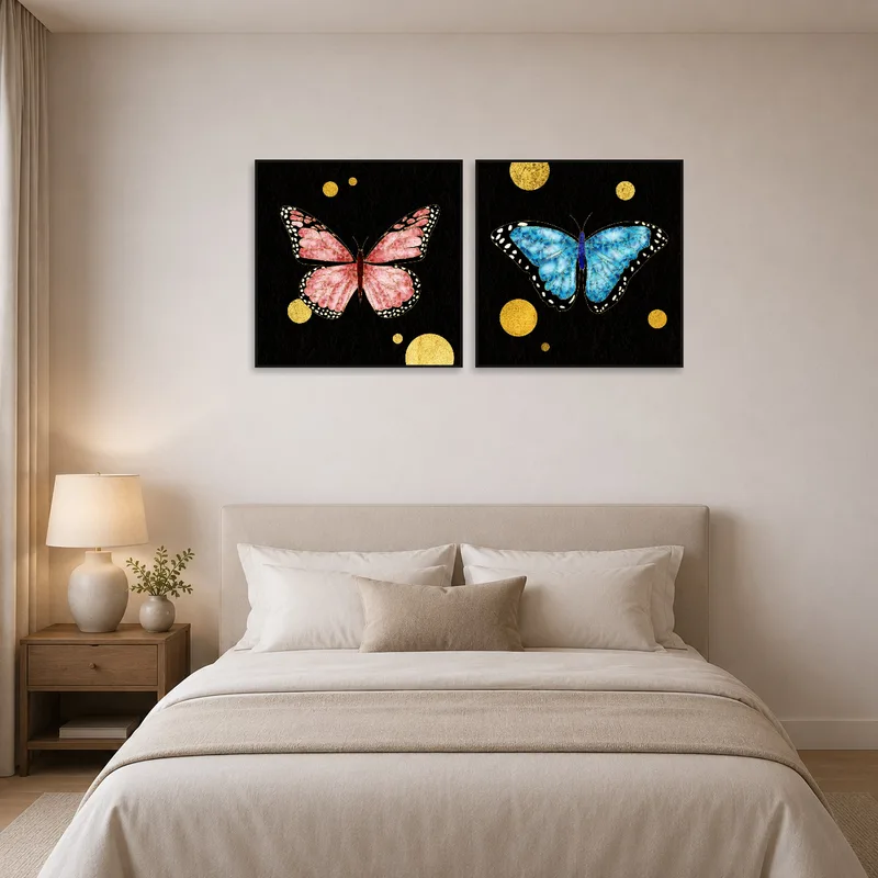 Butterflies with gold tones bring elegance to a serene bedroom setup.