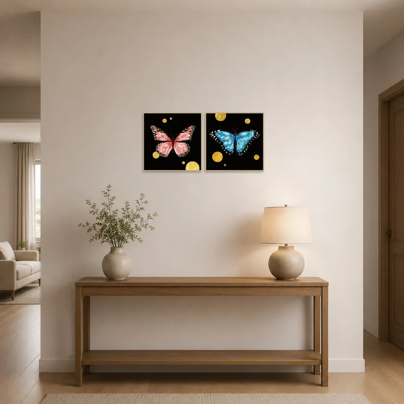 Elegant butterfly prints with gold highlights welcome guests in a stylish entrance hall.