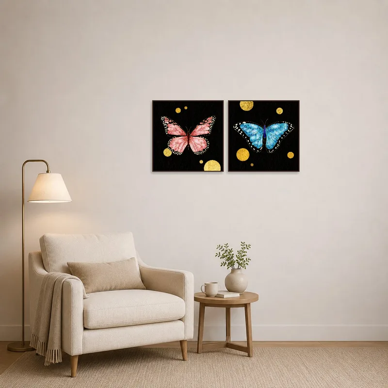 Gold-accented butterfly art adds charm to a cozy reading corner.