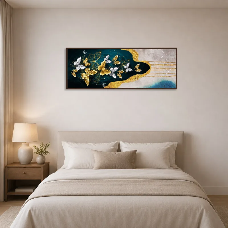 Gold and blue butterfly art adds serenity to a bedroom.