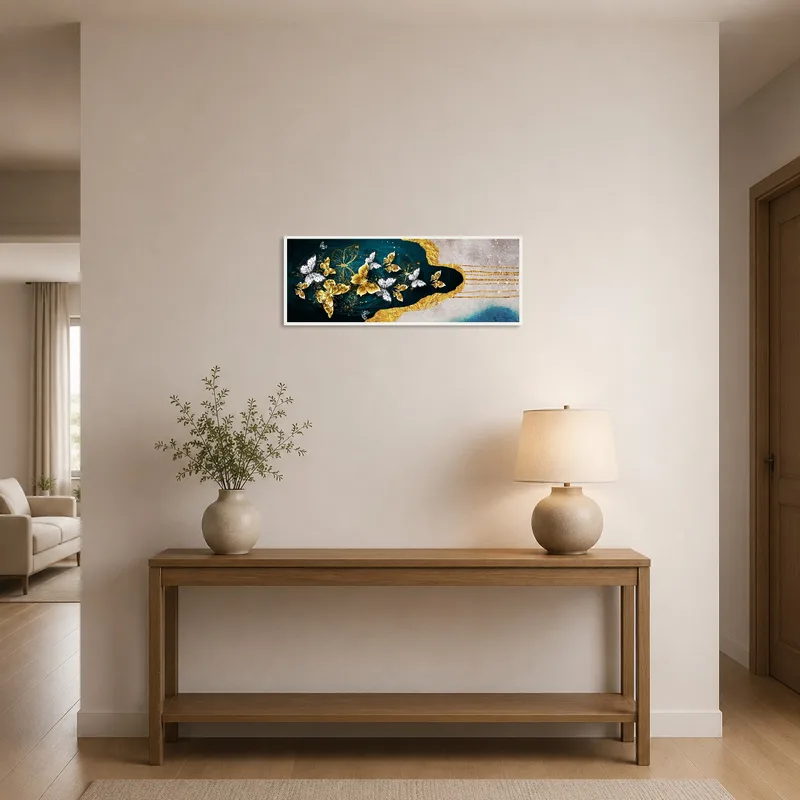 Butterfly artwork in gold and blue greets at the entrance hall.