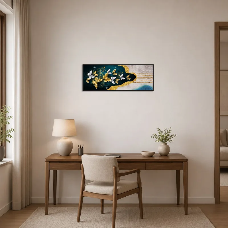 Butterfly art in gold and blue enhances a chic home office.