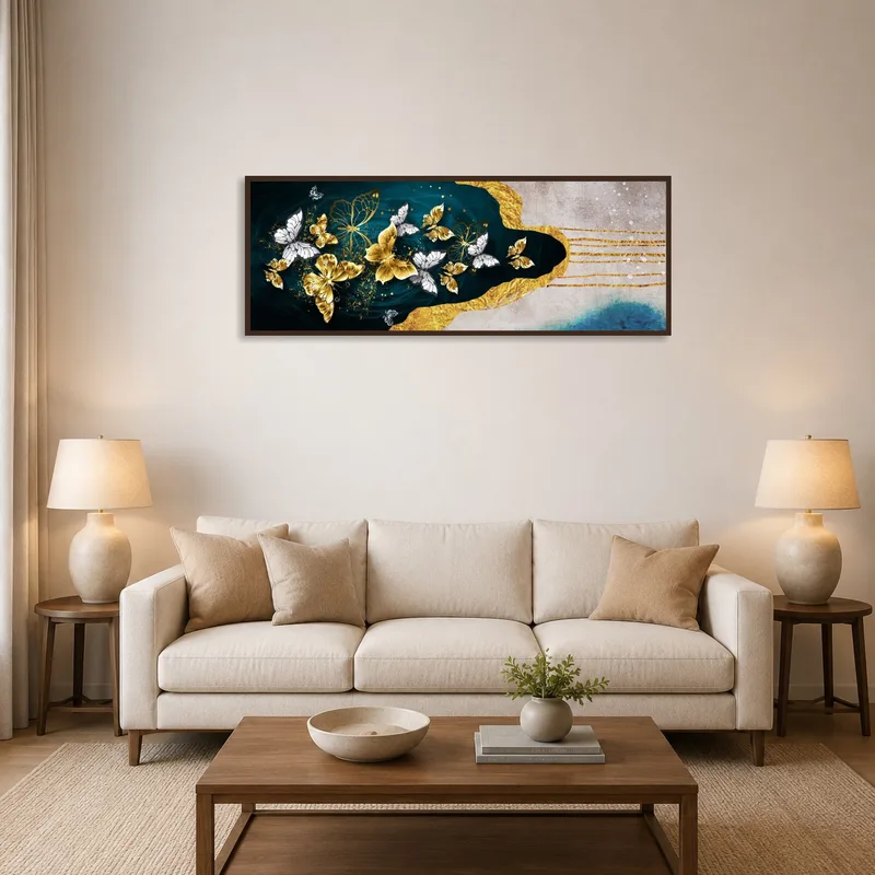 Butterfly art in gold and blue accents a stylish living room.