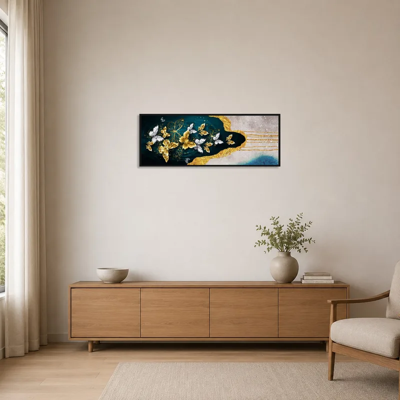 Gold and blue butterfly piece complements a minimalist setting.