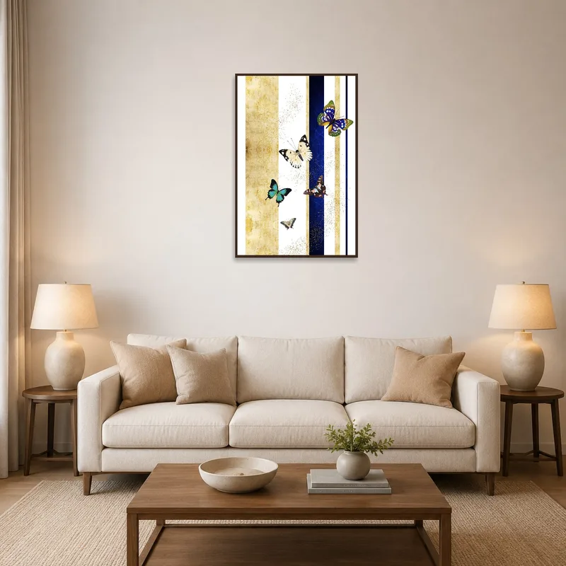 The artwork adds vibrant life to a chic living room setting.
