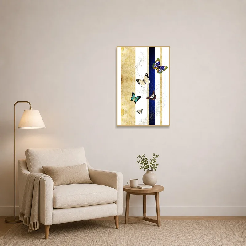 Cheerful butterflies enhance a cozy, calming reading corner.