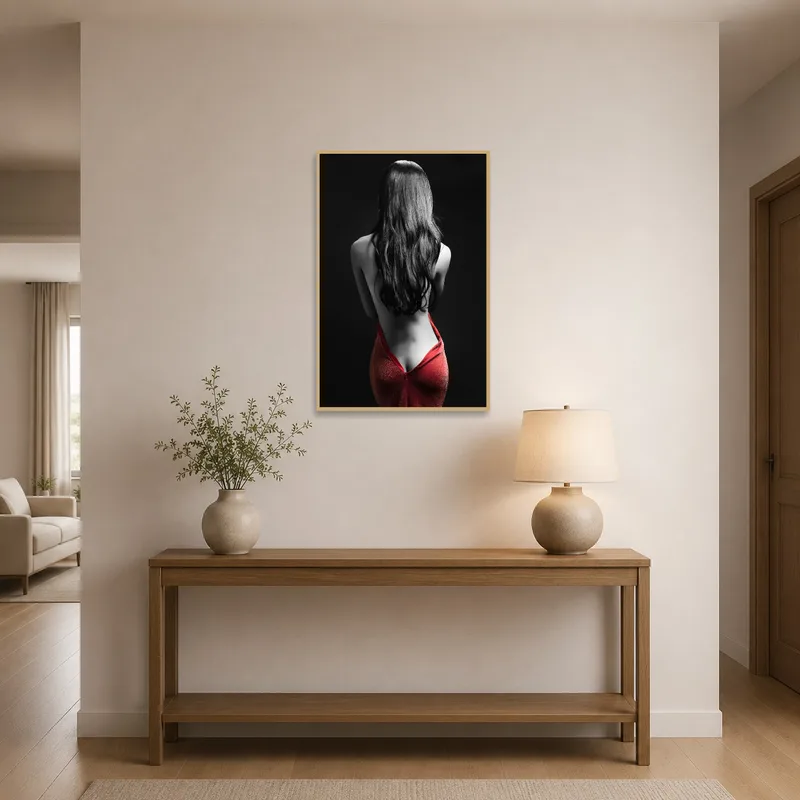 An entrance hall featuring a captivating red and monochrome art piece.