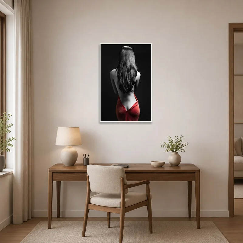 A home office with an inspiring red and monochrome art piece on the wall.