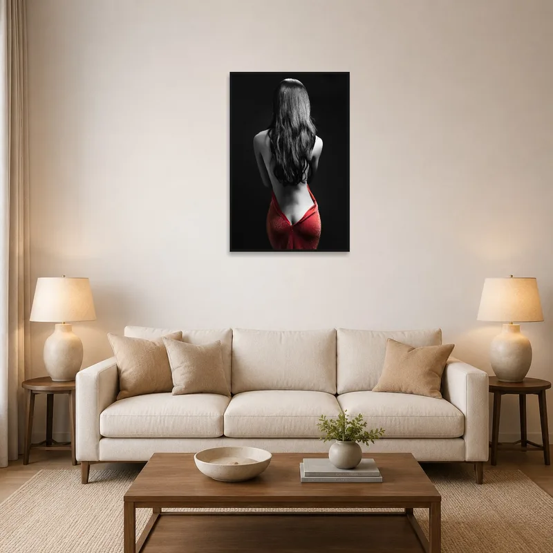 A living room with a bold red and monochrome artwork as a focal point.
