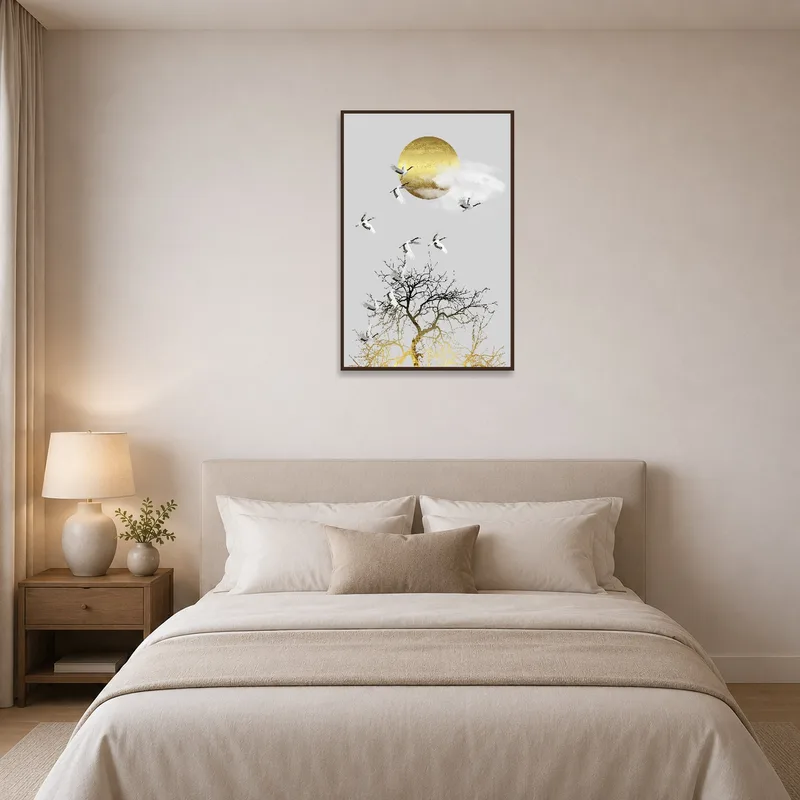 Cranes and golden sun artwork creating a peaceful bedroom ambiance.