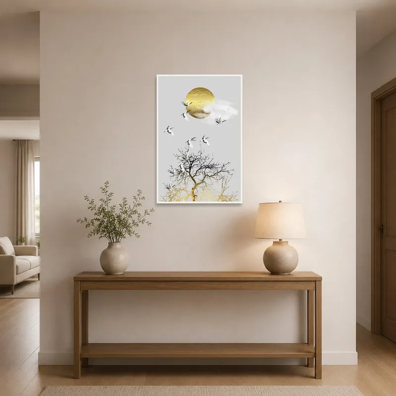 Artwork featuring cranes and a sun enhancing an entrance hall.