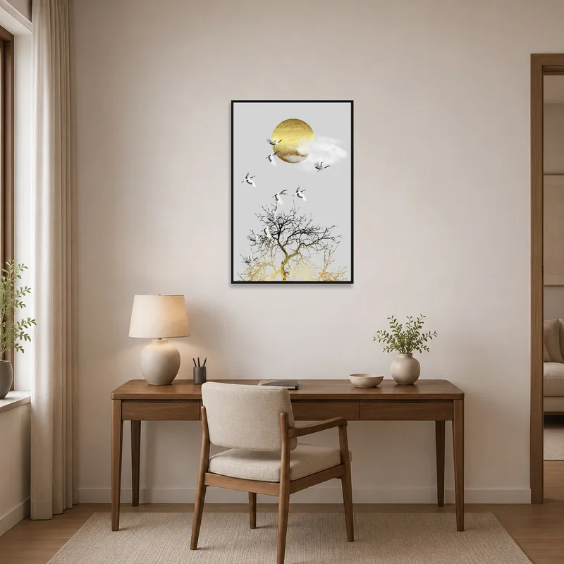 Elegant Cranes and Golden Sun print hung in a stylish home office.
