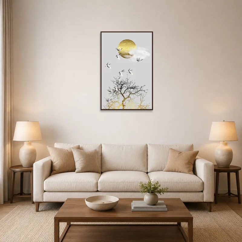 Elegant Cranes and Golden Sun art print in a chic living room setting.