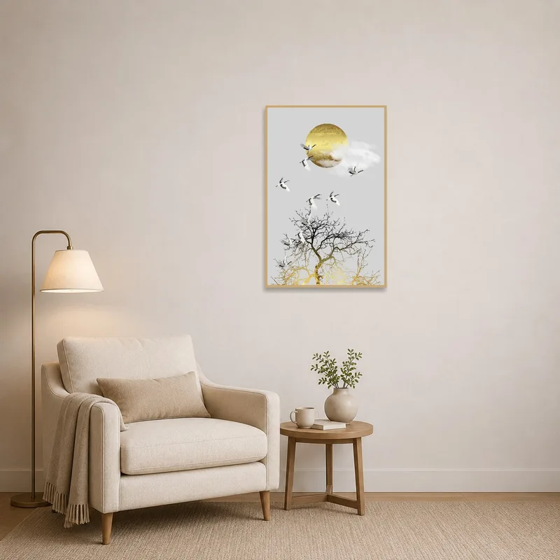 Elegant Cranes and Golden Sun art piece in a cozy reading corner.