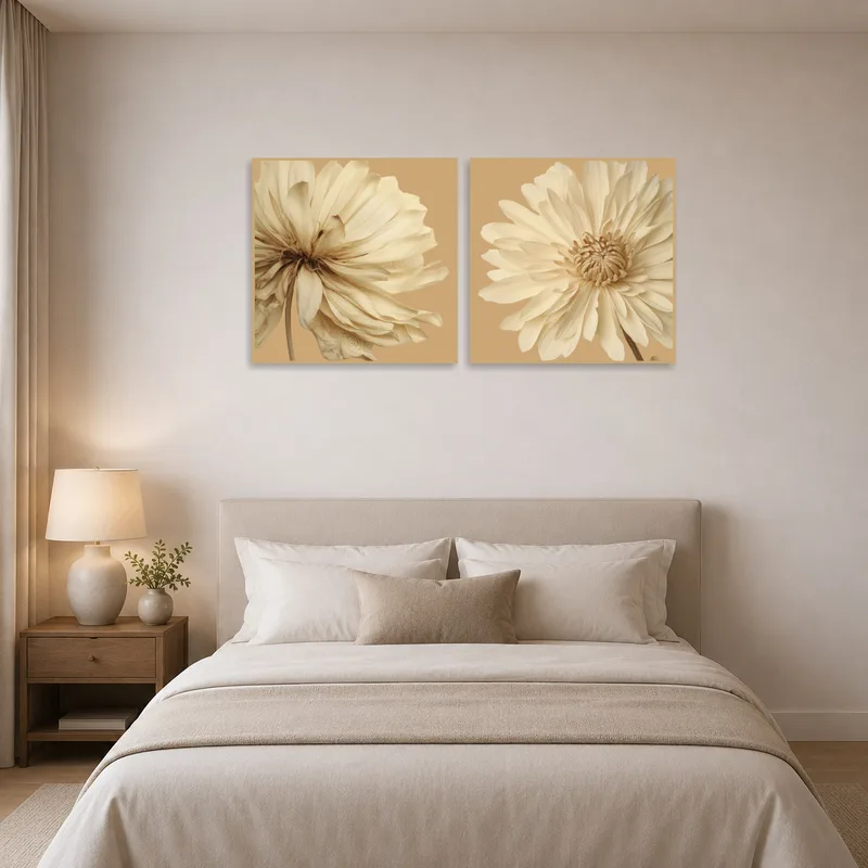 Bedroom featuring elegant cream floral art against soft beige accents.