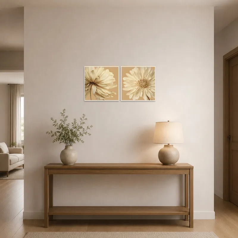 Entrance hall displaying a cream floral set, complementing beige tones.